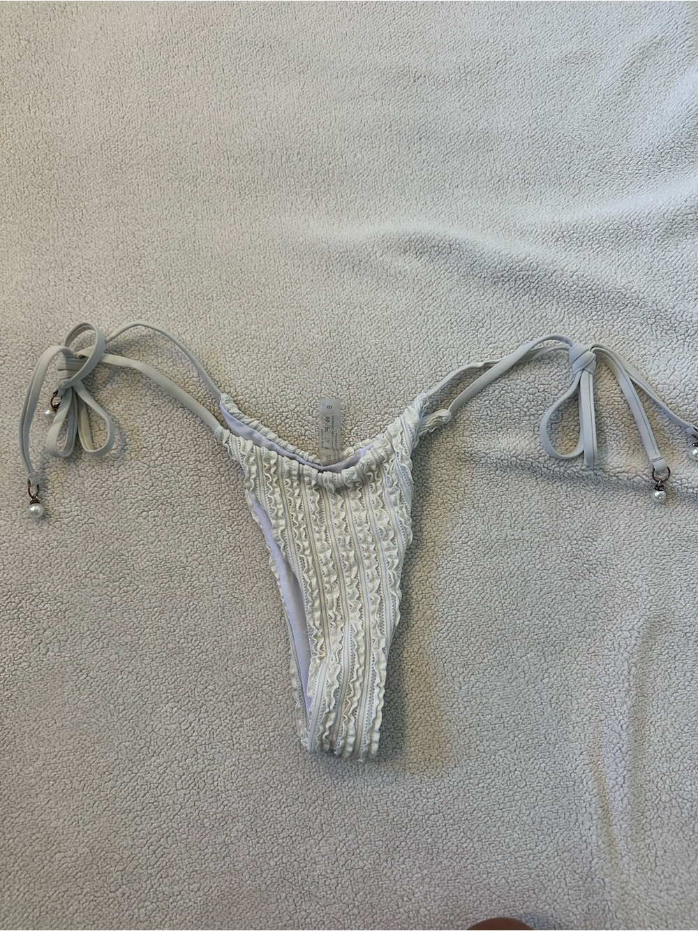 White Lace Crochet Tie Side Cheeky Bikini Bottom Pearl Detail Size S